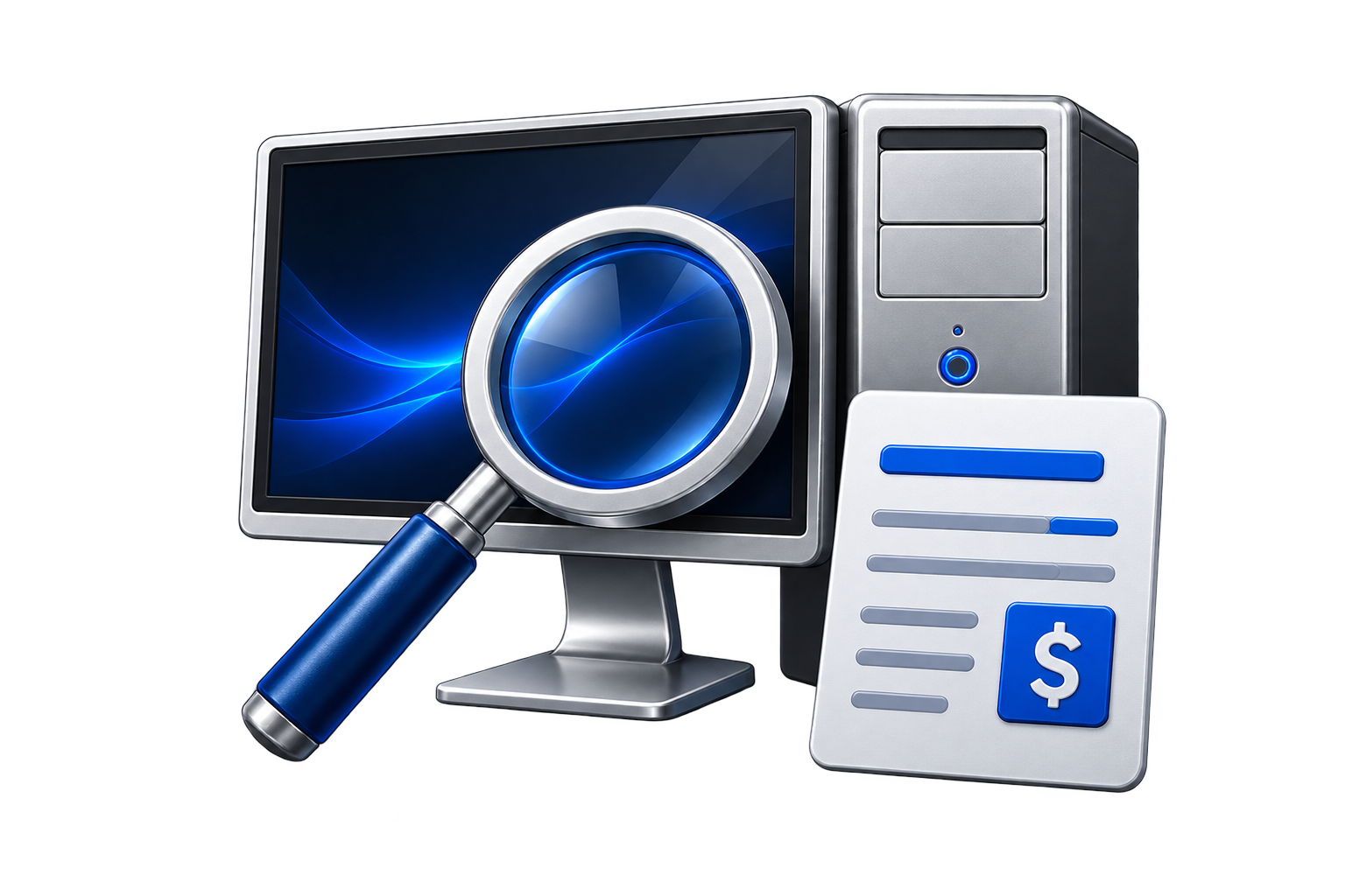Desktop computer diagnosis with magnifying glass and assessment sheet
