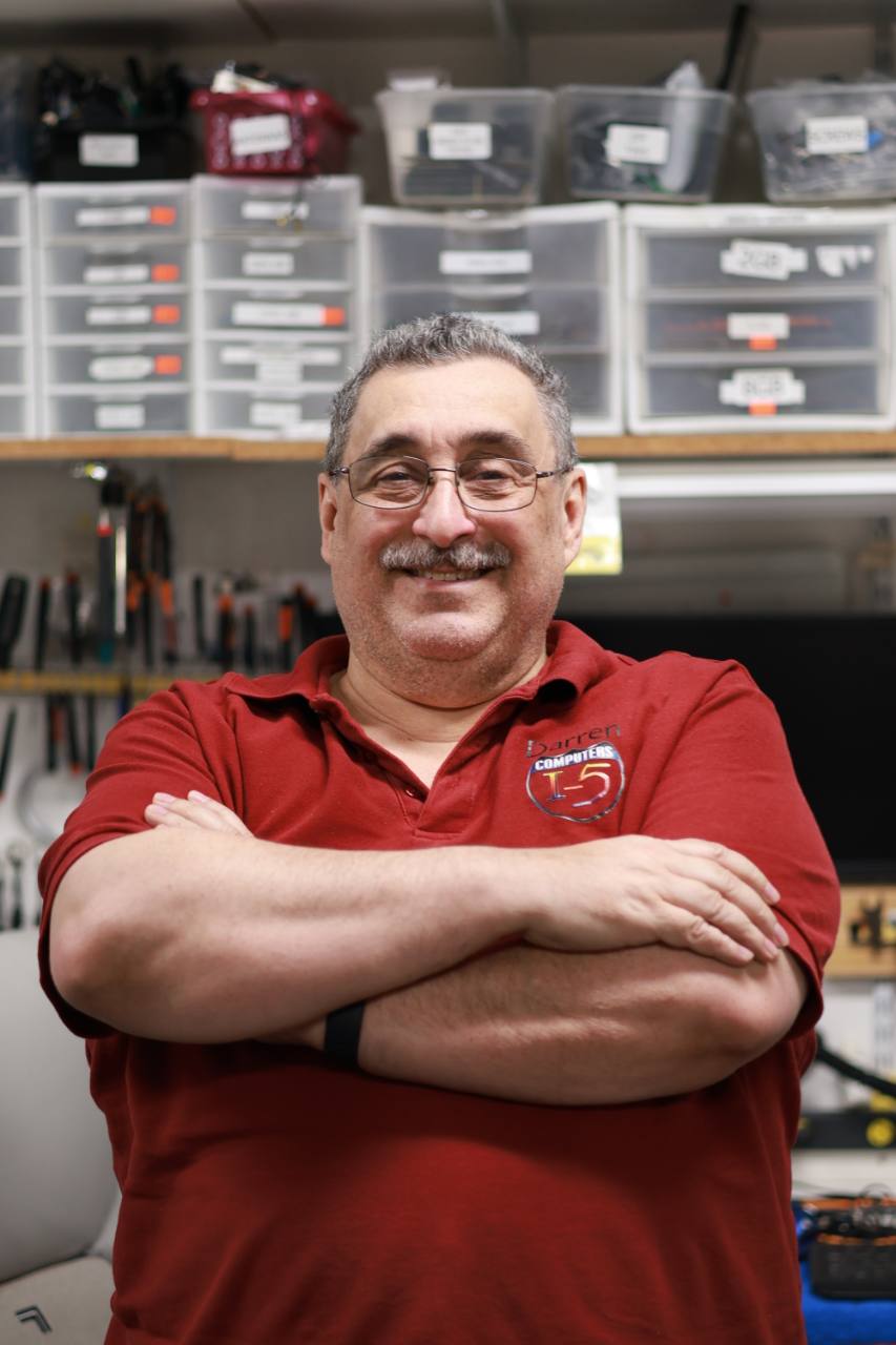 Darren moline, owner of i-5 computers, in the vancouver computer repair workshop