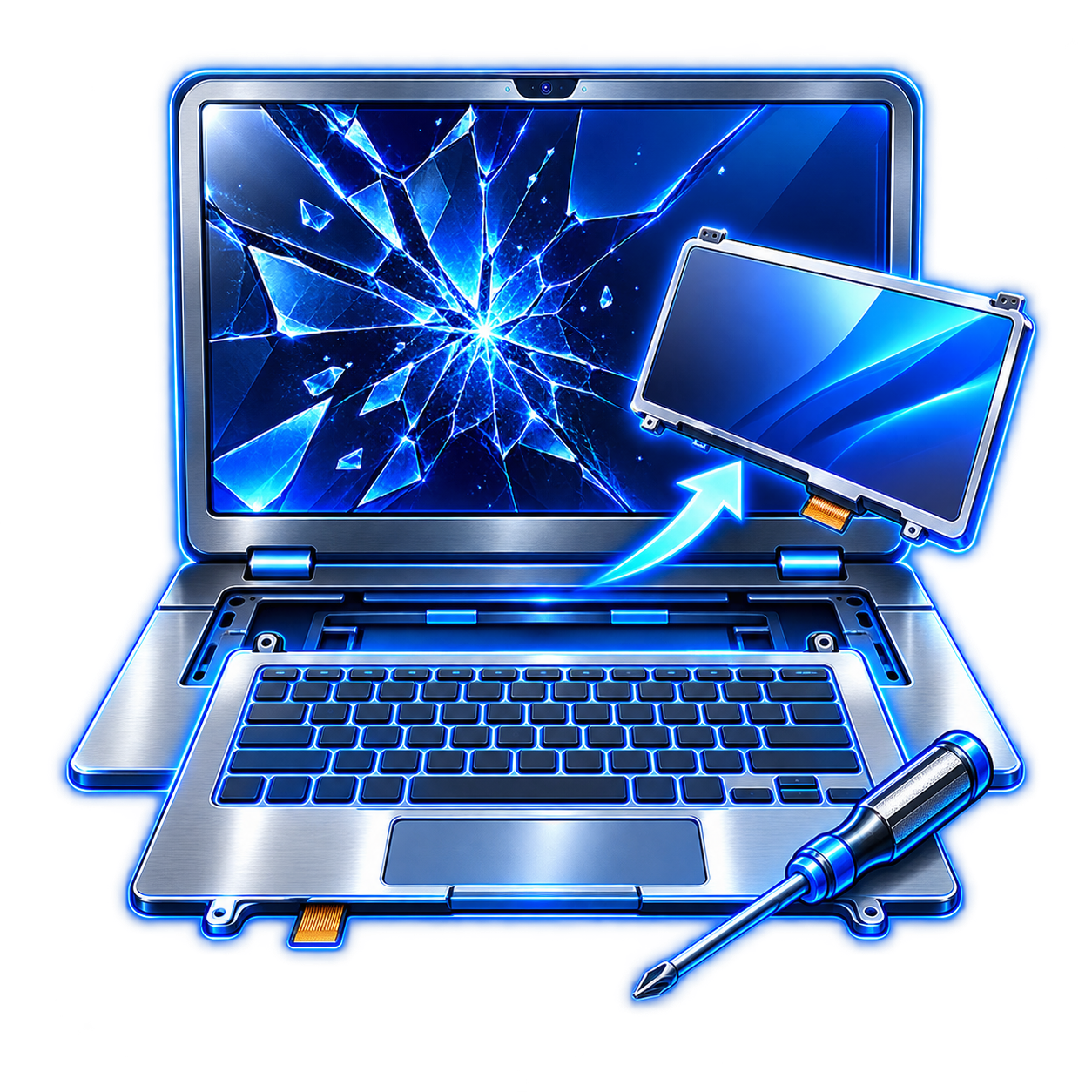 Laptop with a damaged screen and replacement display